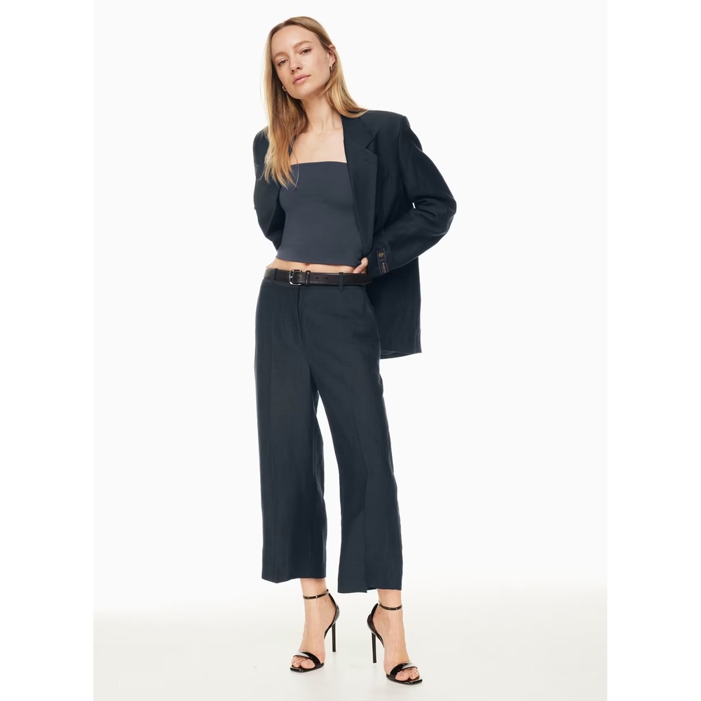 Babaton Agency Linen Cropped High Rise Straight Leg Pant Womens 2 Navy Blue $148